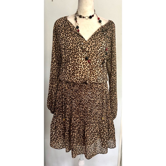 MK Michael Kors Leopard Print Mini-Dress Long Sleeves Lined sheer overlay -XS - Picture 1 of 7